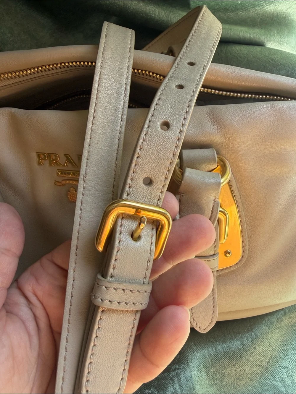 Prada Soft Calfskin Shopping Satchel in Sabbia with gold-tone hardware